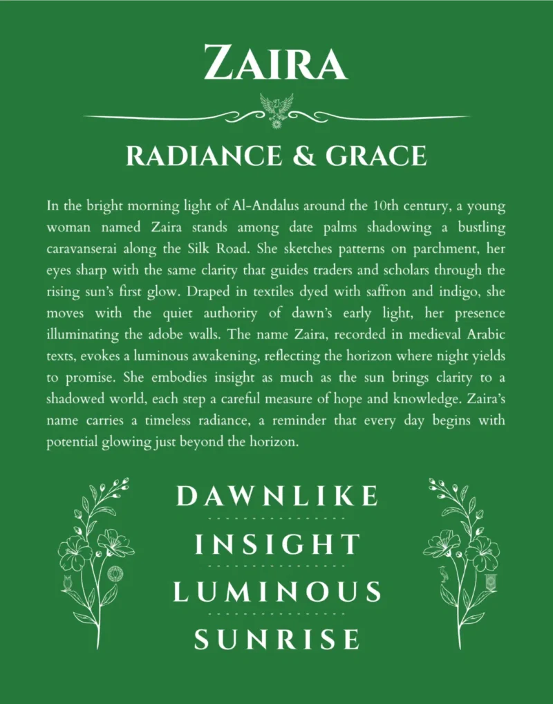 Zaira name origin print with meaning and traits in dark green