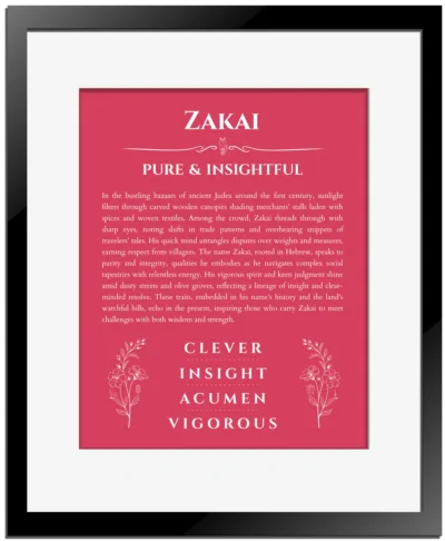 Zakai personalized name art with origin story in red with black matte frame