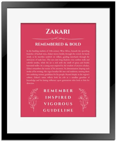 Zakari custom name print for wall display in red with black matte frame