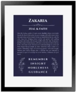 Zakaria personalized wall art with the story of your name in navy blue with black matte frame