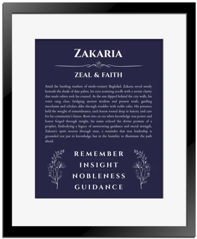 Zakaria personalized wall art with the story of your name in navy blue with black matte frame