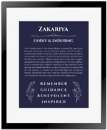 Zakariya name origin print with meaning and traits in navy blue with black matte frame