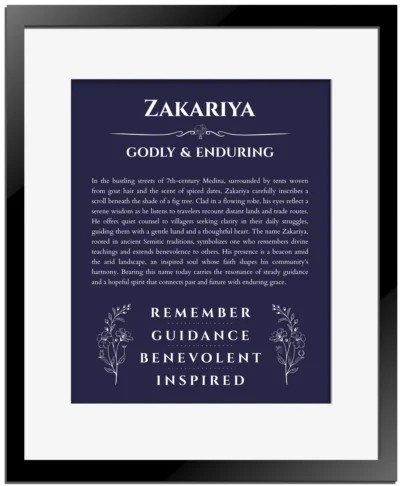 Zakariya name origin print with meaning and traits in navy blue with black matte frame