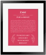 Zaki personalized name meaning print in red with black matte frame