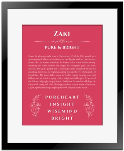 Zaki personalized name meaning print in red with black matte frame