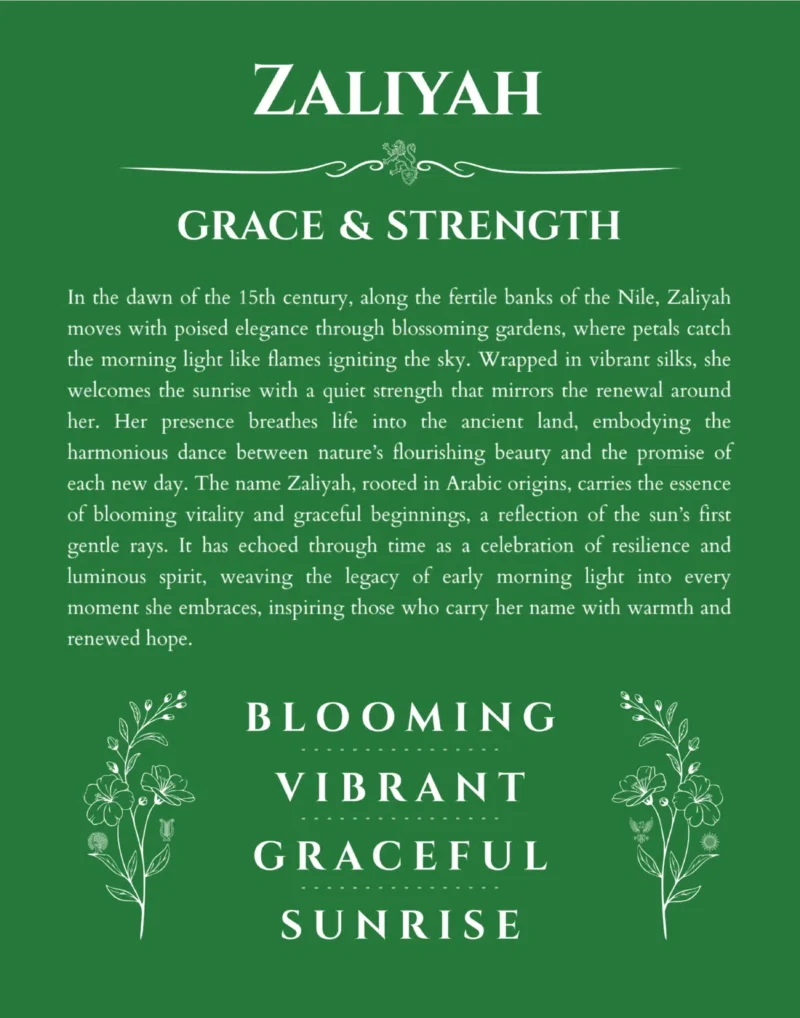 Zaliyah personalized wall art with the story of your name in dark green