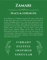 Zamari personalized name art with origin story in dark green
