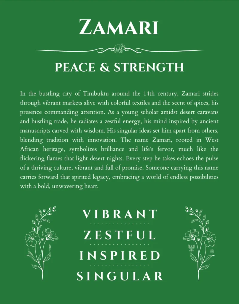 Zamari personalized name art with origin story in dark green