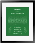 Zamari personalized name art with origin story in dark green with black matte frame