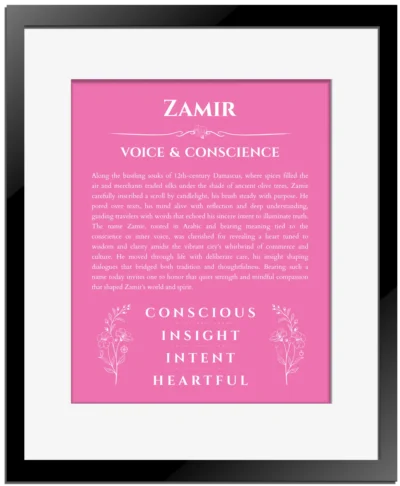 Zamir custom name meaning print in pink with black matte frame