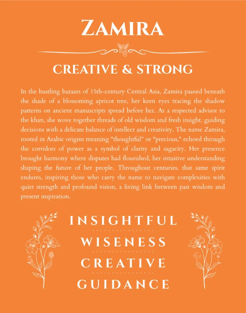 Zamira custom name art showing meaning and origin in orange