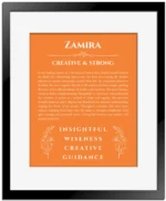 Zamira custom name art showing meaning and origin in orange with black matte frame