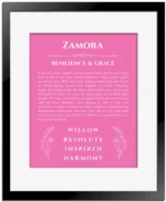 Zamora name meaning wall art by Get Your Story in pink with black matte frame