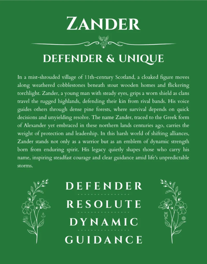 Zander custom name art showing meaning and origin in dark green