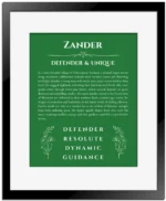 Zander custom name art showing meaning and origin in dark green with black matte frame