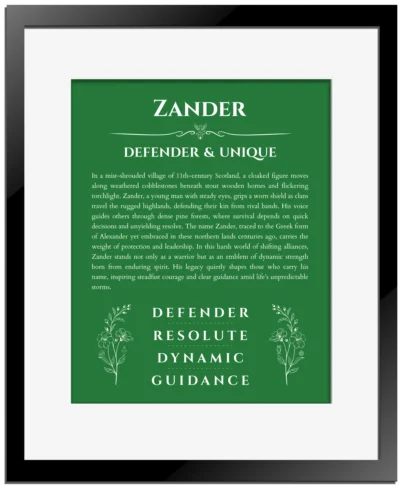Zander custom name art showing meaning and origin in dark green with black matte frame