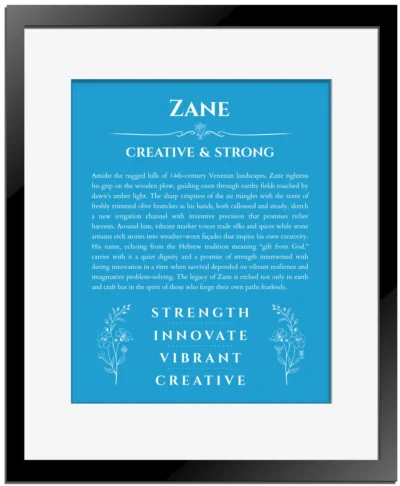 Zane custom name meaning print in blue with black matte frame