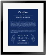 Zaniya personalized wall art with the story of your name in deep blue with black matte frame