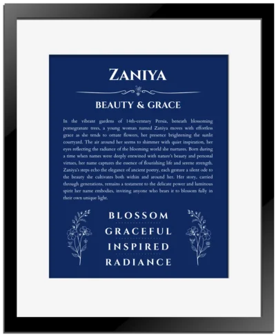 Zaniya personalized wall art with the story of your name in deep blue with black matte frame