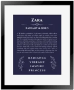 Zara custom name print for wall display in navy blue with black matte frame