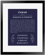 Zarah personalized wall art with the story of your name in navy blue with black matte frame