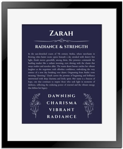 Zarah personalized wall art with the story of your name in navy blue with black matte frame