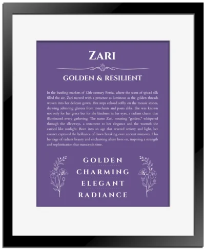 Zari custom name print for wall display in purple with black matte frame