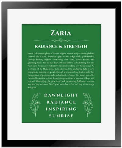 Zaria custom name print for wall display in dark green with black matte frame