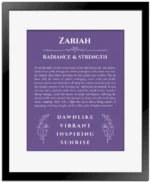 Zariah name meaning gift print in purple with black matte frame