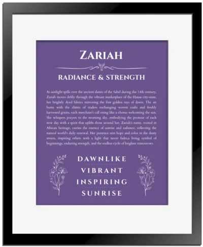 Zariah name meaning gift print in purple with black matte frame