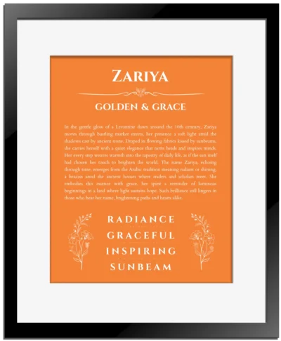 Zariya custom name art showing meaning and origin in orange with black matte frame