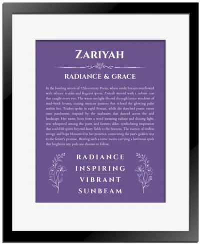 Zariyah personalized wall art with the story of your name in purple with black matte frame