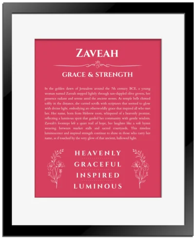 Zaveah name meaning wall art by Get Your Story in red with black matte frame