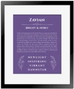 Zavian name meaning gift print in purple with black matte frame