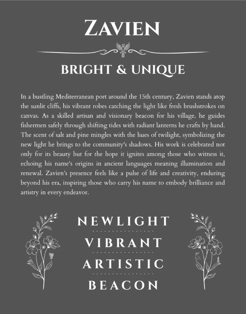 Zavien name origin print with meaning and traits in gray