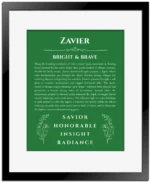 Zavier custom name print for wall display in dark green with black matte frame