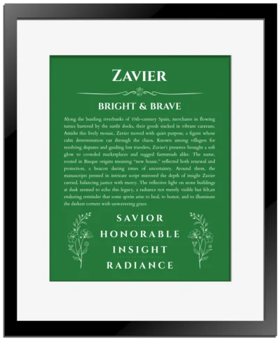Zavier custom name print for wall display in dark green with black matte frame