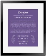 Zavion custom name art showing meaning and origin in purple with black matte frame