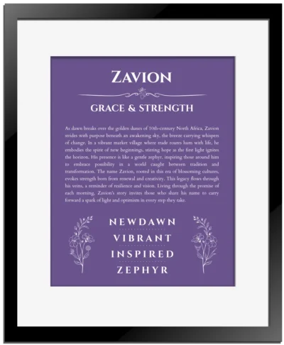 Zavion custom name art showing meaning and origin in purple with black matte frame