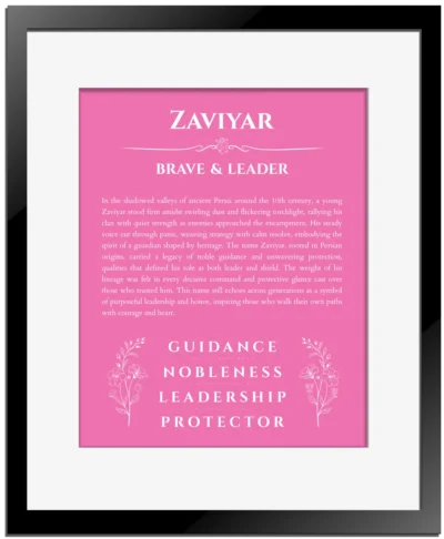 Zaviyar name meaning wall art by Get Your Story in pink with black matte frame