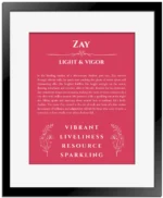 Zay personalized wall art with the story of your name in red with black matte frame