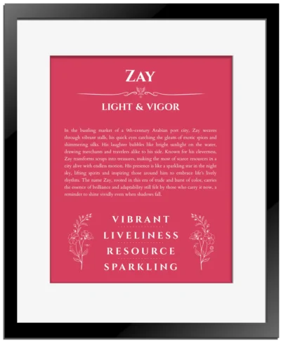 Zay personalized wall art with the story of your name in red with black matte frame