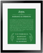 Zaya name meaning gift print in dark green with black matte frame