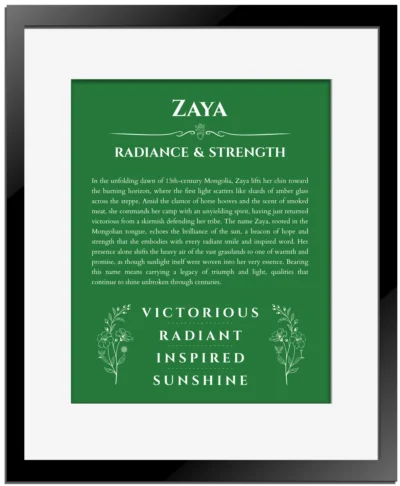 Zaya name meaning gift print in dark green with black matte frame