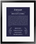 Zayaan personalized wall art with the story of your name in navy blue with black matte frame