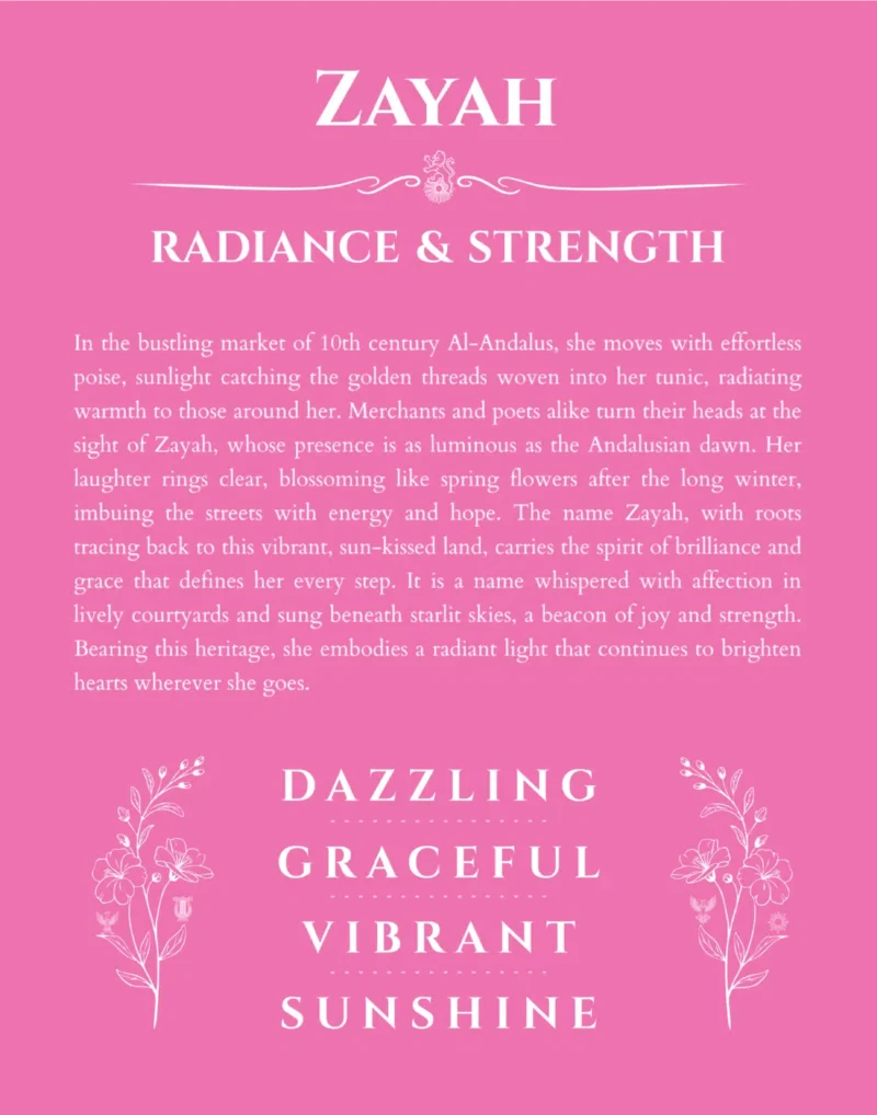 Zayah personalized name art with origin story in pink