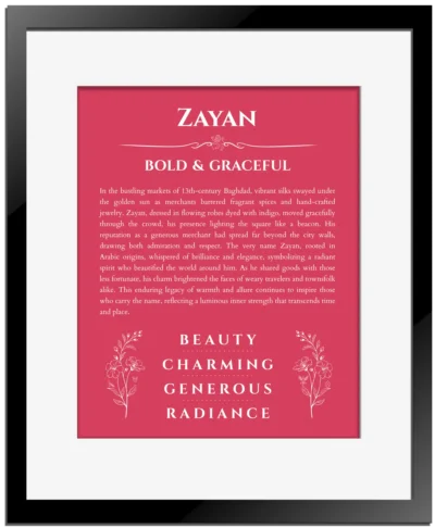 Zayan custom name meaning print in red with black matte frame