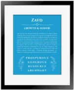 Zayd personalized name print with origin and traits in blue with black matte frame
