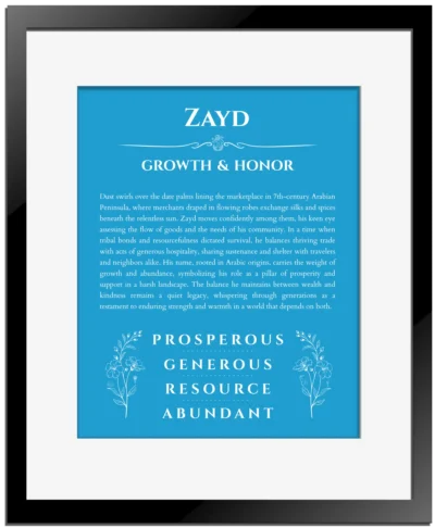 Zayd personalized name print with origin and traits in blue with black matte frame