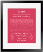 Zayda custom name art showing meaning and origin in red with black matte frame